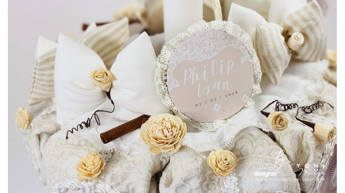 Lumânare botez unisex Cream French Lace cu dantelă crem și flori uscate 10